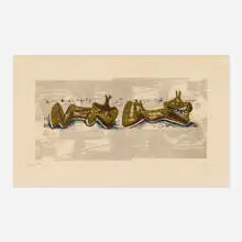 Two Reclining Figures with River Background by Henry Moore, 1963, lithograph in colors, sold Jun 2021