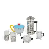 George Sowden, collection of six articles: French press coffee pot, teapot, creamer, sugar and two coffee cups
