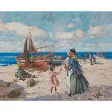 Ignacio Gil Y Sala, Fishermen and Family on the Beach