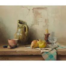 Robert Chailloux, Still Life with Chestnuts, Knife, Bowl, Pitcher, Pears, Candlestick and Footed Dish