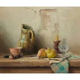 Robert Chailloux, Still Life with Chestnuts, Knife, Bowl, Pitcher, Pears, Candlestick and Footed Dish