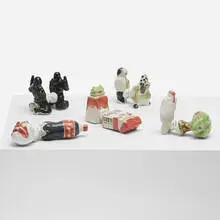 Liang Shuo, collection of five toys from The Great Chairman series (Jigujigu), 2006, glazed stoneware, leather
