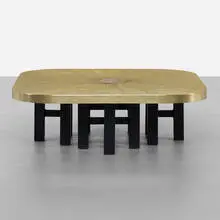 Paco Rabanne, coffee table, c. 1975, etched brass, enameled steel, agate