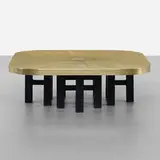 Paco Rabanne, coffee table, c. 1975, etched brass, enameled steel, agate