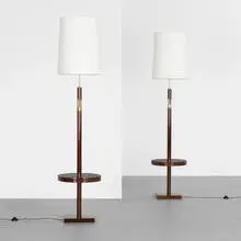 floor lamps, pair by Tommi Parzinger, c. 1955, lacquered beech, nickel-plated brass, linen, sold Apr 2013