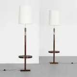Tommi Parzinger, floor lamps, pair, c. 1955, lacquered beech, nickel-plated brass, linen