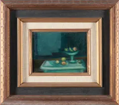 Avram Goldberg, Still Life in Blue: Fruit Compote on a Table, oil on canvasboard