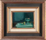 Avram Goldberg, Still Life in Blue: Fruit Compote on a Table, oil on canvasboard