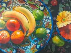 Nava Grunfeld, Still Life with Fruit and Flowers, watercolor on paper