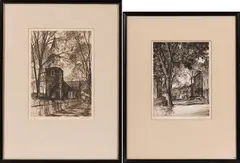 Samuel Chamberlain, Four Framed Etchings: Bruton Parish Church, Williamsburg,, Summer Street, Marblehead, Summer Shadows (Marblehead), Bend in the Road (Newcastle, New Hampshire)