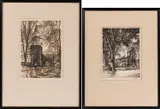 Samuel Chamberlain, Four Framed Etchings: Bruton Parish Church, Williamsburg,, Summer Street, Marblehead, Summer Shadows (Marblehead), Bend in the Road (Newcastle, New Hampshire)