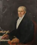 Gentleman Holding a Quill Pen, Seated at a Desk by American School, oil on canvas, sold Jul 2023