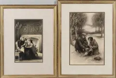 Thelma Gooch, Two works: Fireside and Petting a Dog in the Snow, both signed 'Thelma Gooch' (bottom right) with gallery labels affixed to frame backing., charcoal and gouache on paper