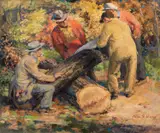Log Cutters by Edmund Franklin Ward, oil on artist board, offered Jul 2023