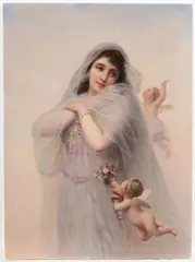 Kpm, Porcelain Plaque of a Maiden with Cupids, 1900, polychrome enamel decorated rectangular shape with depiction of a bride with two cupids in flight, impressed factory mark,   7 1/2 x 10 in