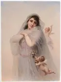 Kpm, Porcelain Plaque of a Maiden with Cupids, 1900, polychrome enamel decorated rectangular shape with depiction of a bride with two cupids in flight, impressed factory mark,   7 1/2 x 10 in