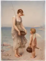 Kpm, Porcelain Plaque of a Woman Fishing with Cupid, 1900, after Charles Landelle: "Maiden and Cupid", rectangular shape polychrome enamel decorated and with impressed factory mark,  7 1/2 x 10 in