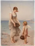 Kpm, Porcelain Plaque of a Woman Fishing with Cupid, 1900, after Charles Landelle: "Maiden and Cupid", rectangular shape polychrome enamel decorated and with impressed factory mark,  7 1/2 x 10 in
