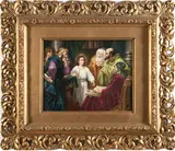Large Berlin (K.P.M.) Porcelain Plaque, polychrome enamel decorated with a depiction of "Christ in the Temple", after a painting by Heinrich Hoffmann,  rectangular shape with a youthful Christ standing in the Temple discussing the scriptures with five robed Elders, impressed mark, by sight  11 1/2 x 14 1/2, with frame 24 x 28 in.