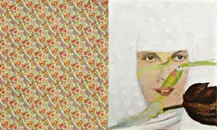 Cornelia Schleime, Der Sündenfall, Diptychon: Acryl und Asphaltlack auf Leinwand bzw. Wachstuch auf Keilrahmen