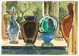 Stilleben mit Flasche, Vasen und Schale by Karl Schmidt-Rottluff, 1960, Aquarell und Tuschpinsel auf Velin, sold Jun 2012