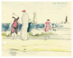 Strandszene mit Badenden by Lyonel Feininger, 1911, Farbstift, Bleistift und Aquarell auf Papier, sold Dec 2022