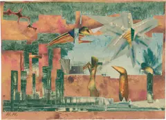 Hannah Höch, Figuren am Teich, 1954, Collage über Aquarell auf Papier