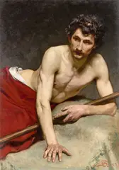 Osmar Schindler, Liegender männlicher Akt mit aufgestützten Armen und Goldreif, 1885, Öl auf Leinwand