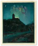 Albert Ebert, Feuerwerk über Burg Giebichenstein, 1960, Öl auf Hartfaser