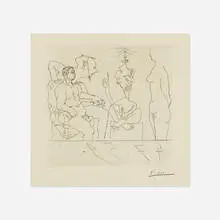 Philosophe discourant devant un notable, avec femme nue a droite by Pablo Picasso, 1959, drypoint, sold Jun 2021
