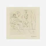 Pablo Picasso, Philosophe discourant devant un notable, avec femme nue a droite, 1959, drypoint