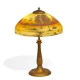 Landscape table lamp by Brass Pittsburgh Lamp & attribution Glass Co., sold Oct 2021
