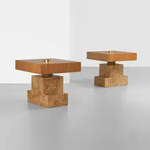 C tables, pair by Ettore Sottsass, 1995, walnut burl, cherry, brass, chrome-plated steel, sold Sep 2012