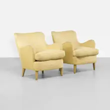 lounge chairs, pair by Osvaldo Borsani, c. 1952, upholstery, lacquered wood, sold Sep 2012