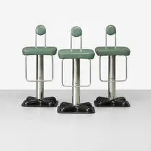 Birillo stools, set of three by Joe Colombo, 1970, stainless steel, lacquered plastic, leather, rubber, sold Sep 2012