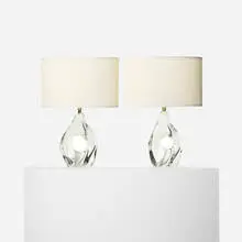 Daum, table lamps, pair, c. 1950, crystal, linen, nickel-plated brass
