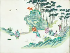 Chinese Porcelain Plaque, 19th century,, rectangular shape with polychrome enameled figures in a treed landscape, by sight 12 x 16