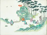 Chinese Porcelain Plaque, 19th century,, rectangular shape with polychrome enameled figures in a treed landscape, by sight 12 x 16