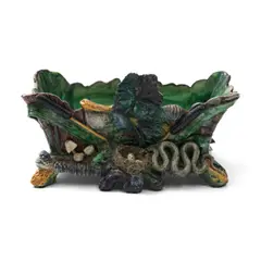 Palissy Ware Earthenware Planter, last quarter 19th century,, rectangular shape polychrome enameled and modeled with a snake approaching a nest with eggs as a frog looks on, lg