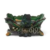 Palissy Ware Earthenware Planter, last quarter 19th century,, rectangular shape polychrome enameled and modeled with a snake approaching a nest with eggs as a frog looks on, lg