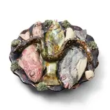 Palissy Ware Earthenware Fish Dish, Untitled, 1880, Jose Alves Cuhna, polychrome enameled, the scalloped dish set with a snake resting over several fish, impressed mark, dia