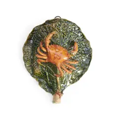 Portugal, last quarter 19th century, by Palissy Ware Earthenware Wall Pocket, polychrome enameled and modeled with a crab applied to a large leaf, lg, sold Jul 2023