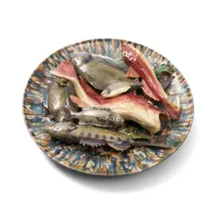 Palissy Ware Earthenware Fish Platter, Portugal, late 19th century,, Jose Francisco de Sousa, polychrome enamel decorated with several fish atop a circular dish with mottled glazes, impressed mark and 2, dia