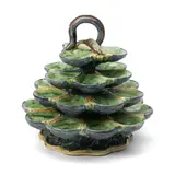 France, 19th century, by Palissy-style Majolica Oyster Stand, polychrome enameled to four tiered dishes and with applied overlapping fish to an eel handle, ht, sold Jul 2023