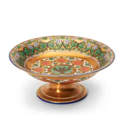 Russian Porcelain Compote, 20th century,, gilt and polychrome enamel decorated with floral borders to a central medallion with double headed eagle, dia