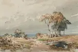 Field with Pool, Trees, and Pasture Gate by American School, watercolor on paper, sold May 2023