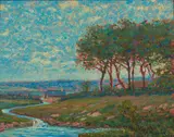 Axel Arnold, Sunny Landscape with Stream, Grove of Trees, and Distant Buildings, oil on canvasboard