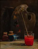 American School, Still Life: Artist's Palette, Soaking Paint Brush, and Paint Jars, oil on canvas