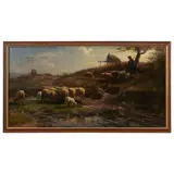 American School, Grazing Sheep, Shepherd, and a Watchful Dog, oil on canvas