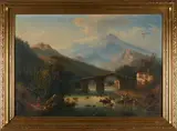 Continental School, Mountain Landscape with Bridge and Herders Fording a River, oil on canvas